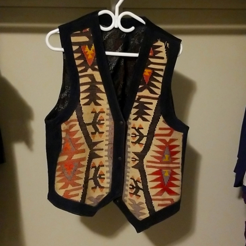 Vintage Oversized Suede Vest with Tapestry Pattern